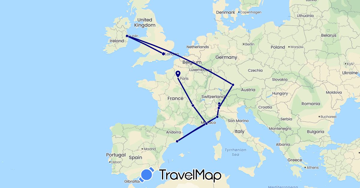TravelMap itinerary: driving in Germany, Spain, France, United Kingdom, Ireland, Italy (Europe)